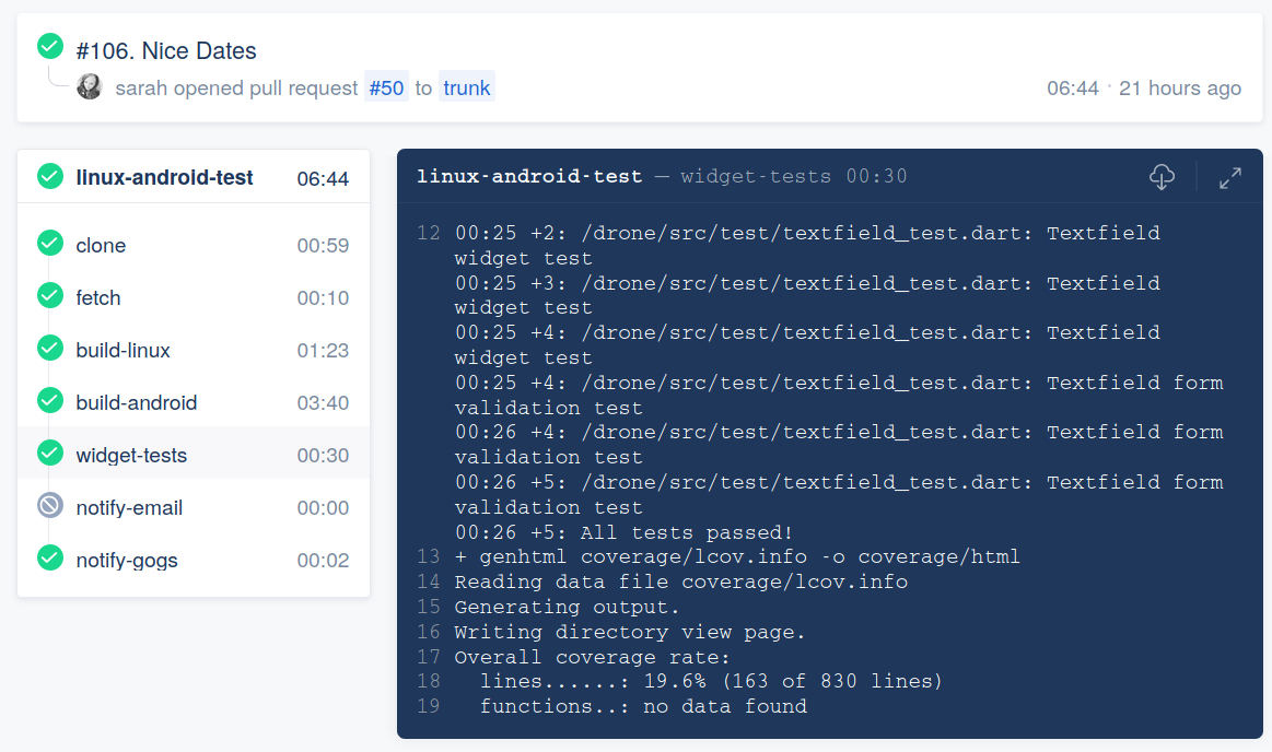 Screenshot of Open Privacy's Drone web interface indicating tests were successfully run