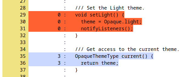 Another screenshot of LCOV, this time showing which lines of code were or were not executed during testing.