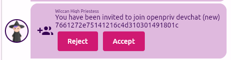 Screenshot of an invitation to a group in Cwtch messenger