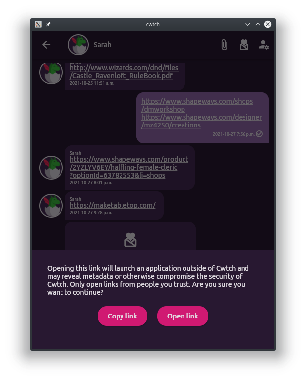 Screenshot of a Cwtch conversation with clickable links and a dialog asking if a clicked link should be copied or opened directly in a web browser