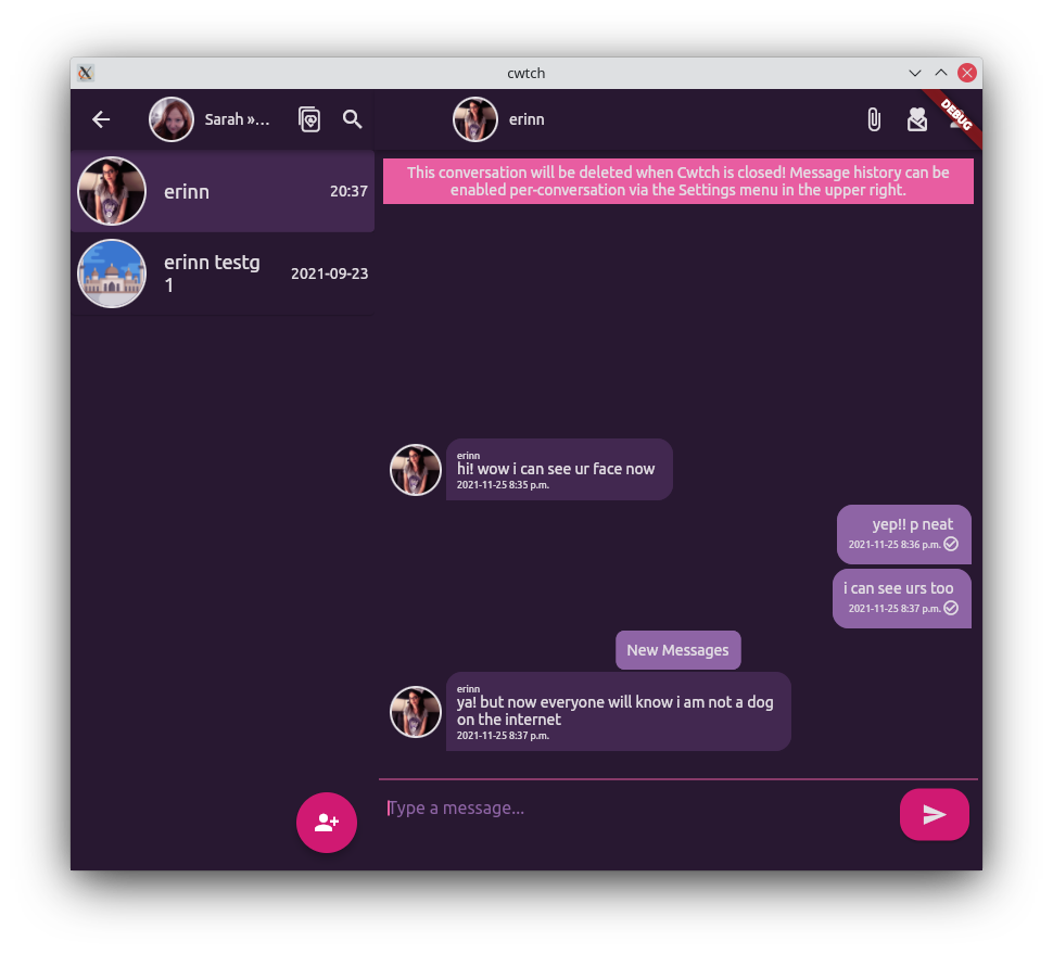 Screenshot of a Cwtch conversation with custom avatar pictures