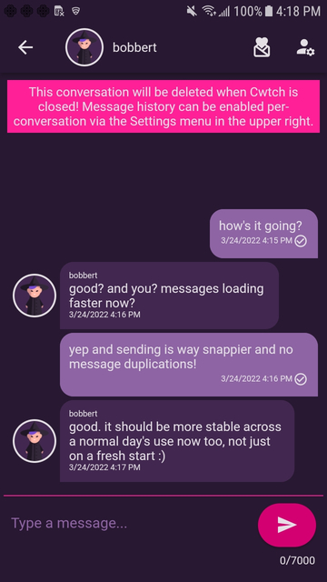 Screenshot of Cwtch chat on Android